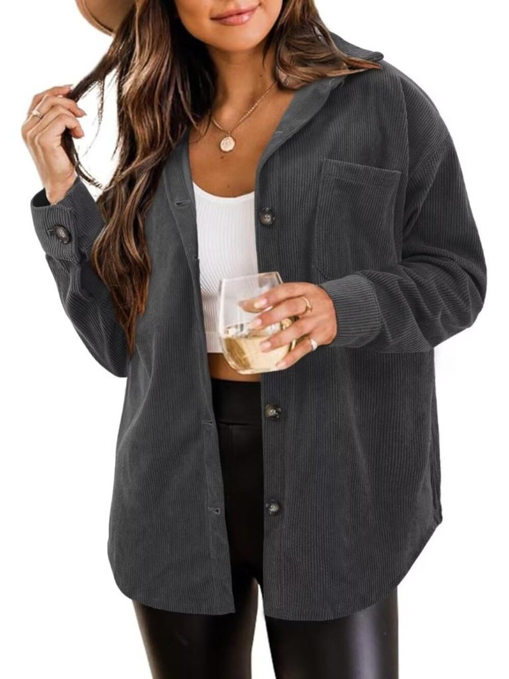 Women's Grey Oversized Corduroy Long Sleeve Button-down Utility Shacket Jacket